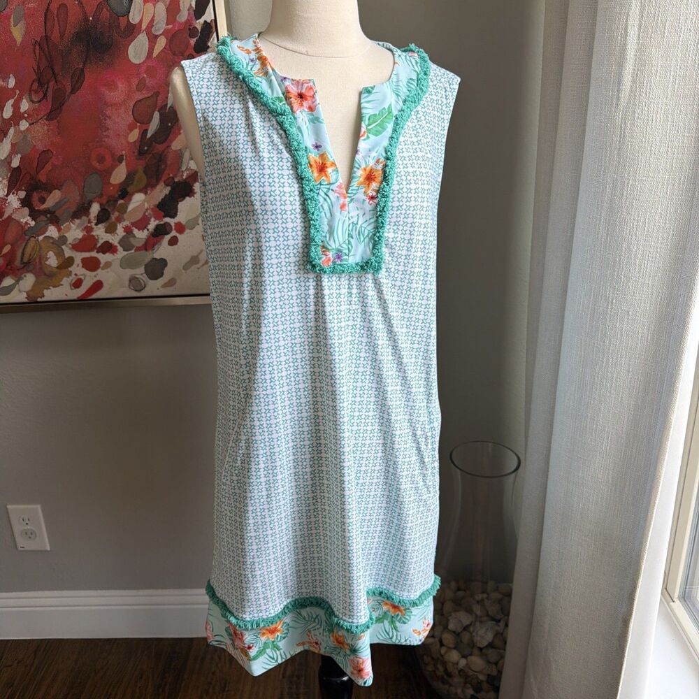 Cabana Life Cayman Sleeveless Fringe Teal Tunic Dress Geometric Floral Print L